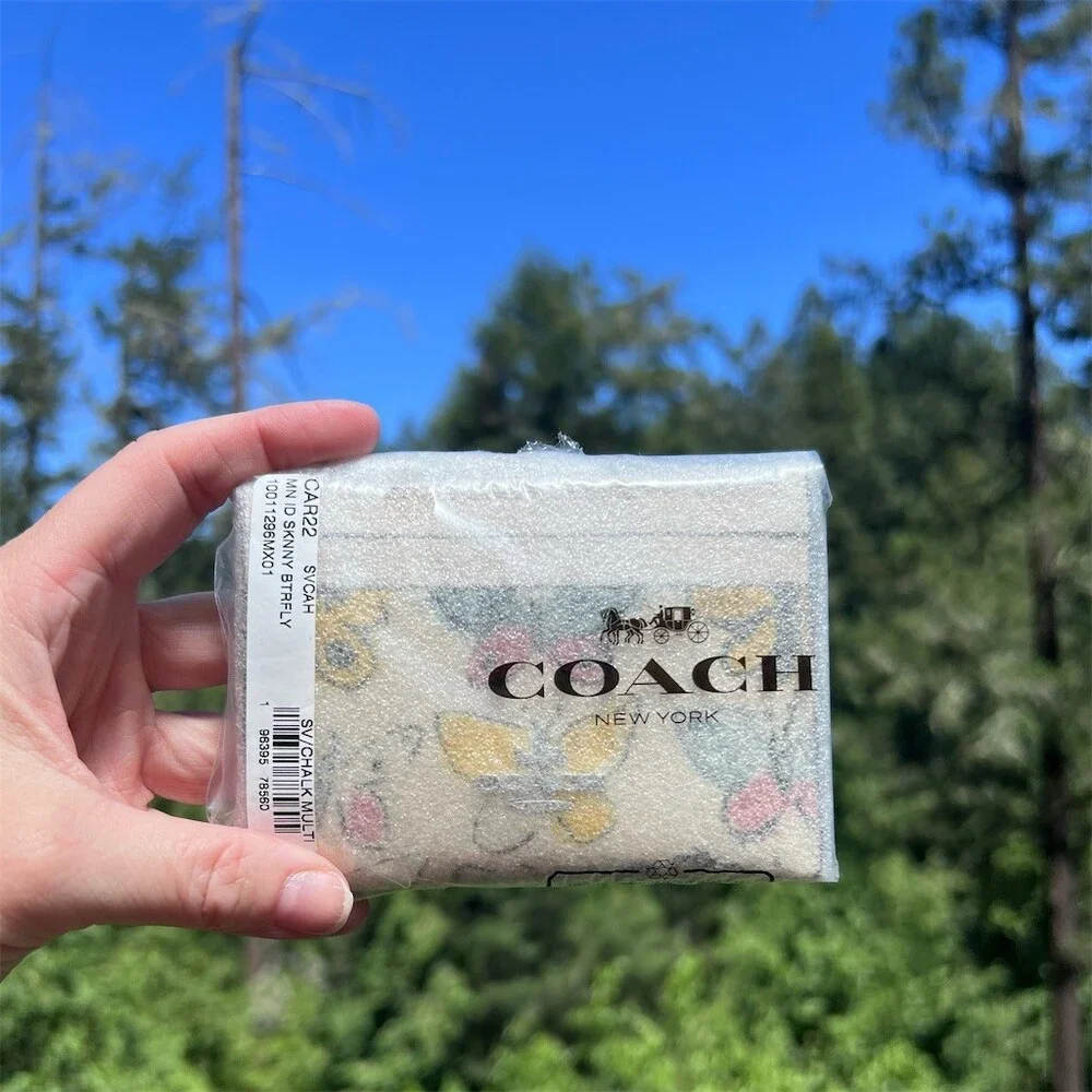 COACH Mini Skinny ID Case Keychain Card Wallet Signature Butterfly Print  NWT